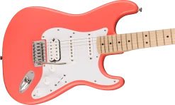 Squier Sonic Stratocaster HSS Electric Guitar In Tahitian Coral 14 Squier Sonic Stratocaster HSS Electric Guitar In Tahitian Coral -Professional Guitar Store 0373202511 Squier Sonic Stratocaster HSS Tahitian Coral Angle