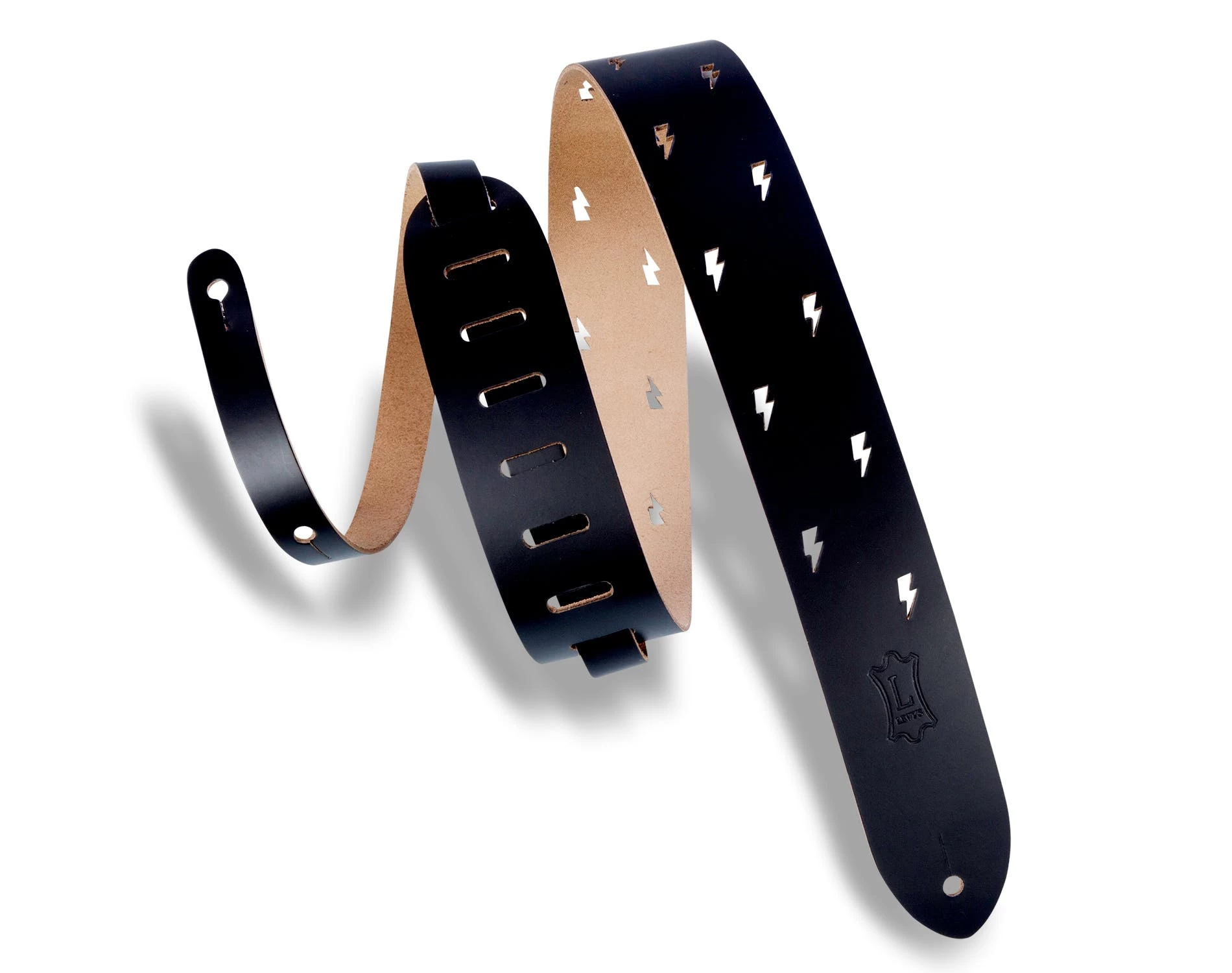 Levy's Chrome-tan Leather Lightning Bolt Punch Out Guitar Strap In Black 1 Levy's Chrome-tan Leather Lightning Bolt Punch Out Guitar Strap In Black