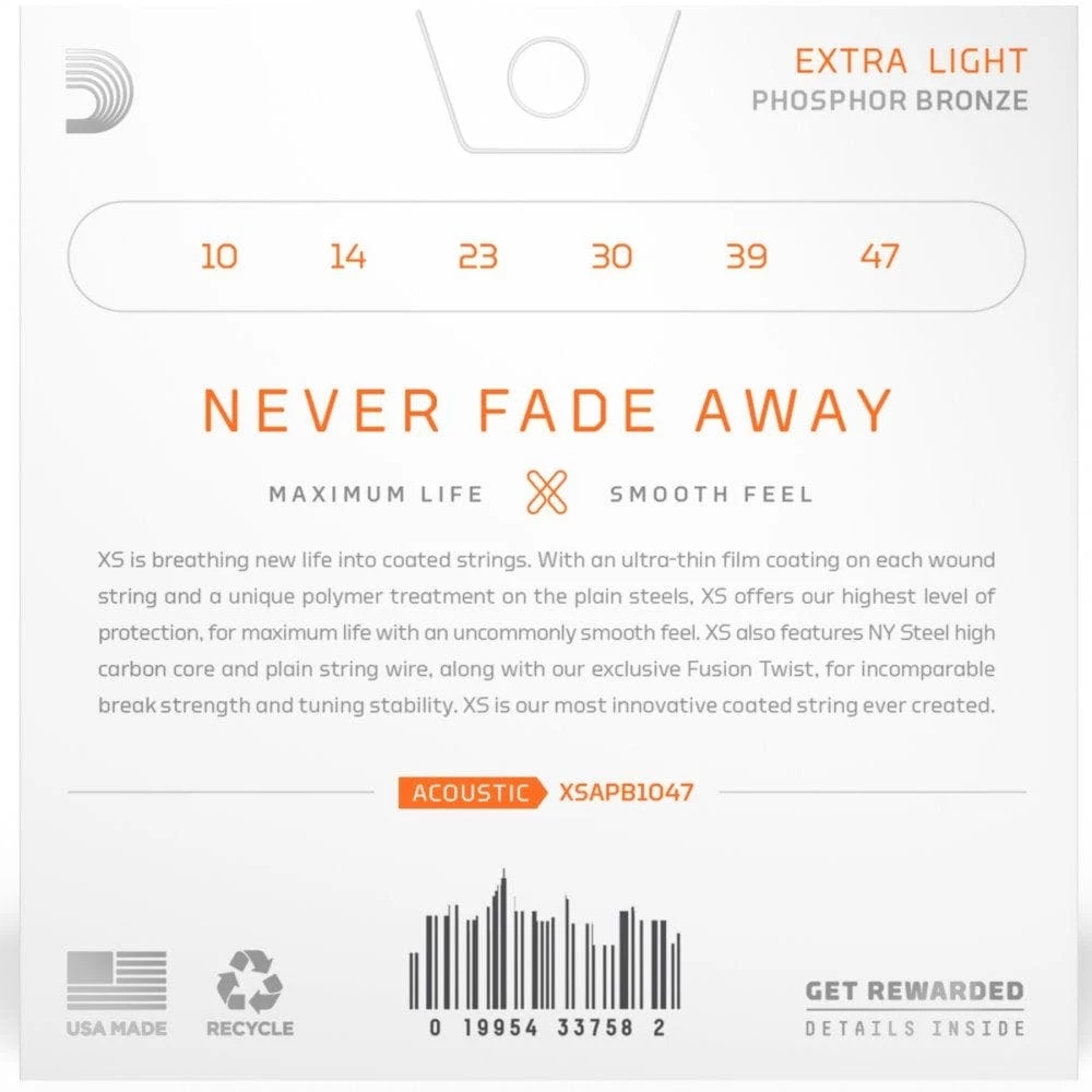 D'Addario XS Phosphor Bronze Extra Light 10-47 Acoustic Strings 2 D'Addario XS Phosphor Bronze Extra Light 10-47 Acoustic Strings - Image 2