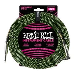 Ernie Ball 18 Ft Braided Guitar Cable In Black & Green With Straight Jack To Angled Jack