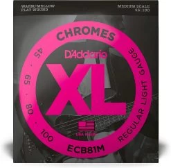 D'Addario ECB81M XL Chromes Regular Light (.045-.100) Medium Scale Electric Bass Guitar Strings