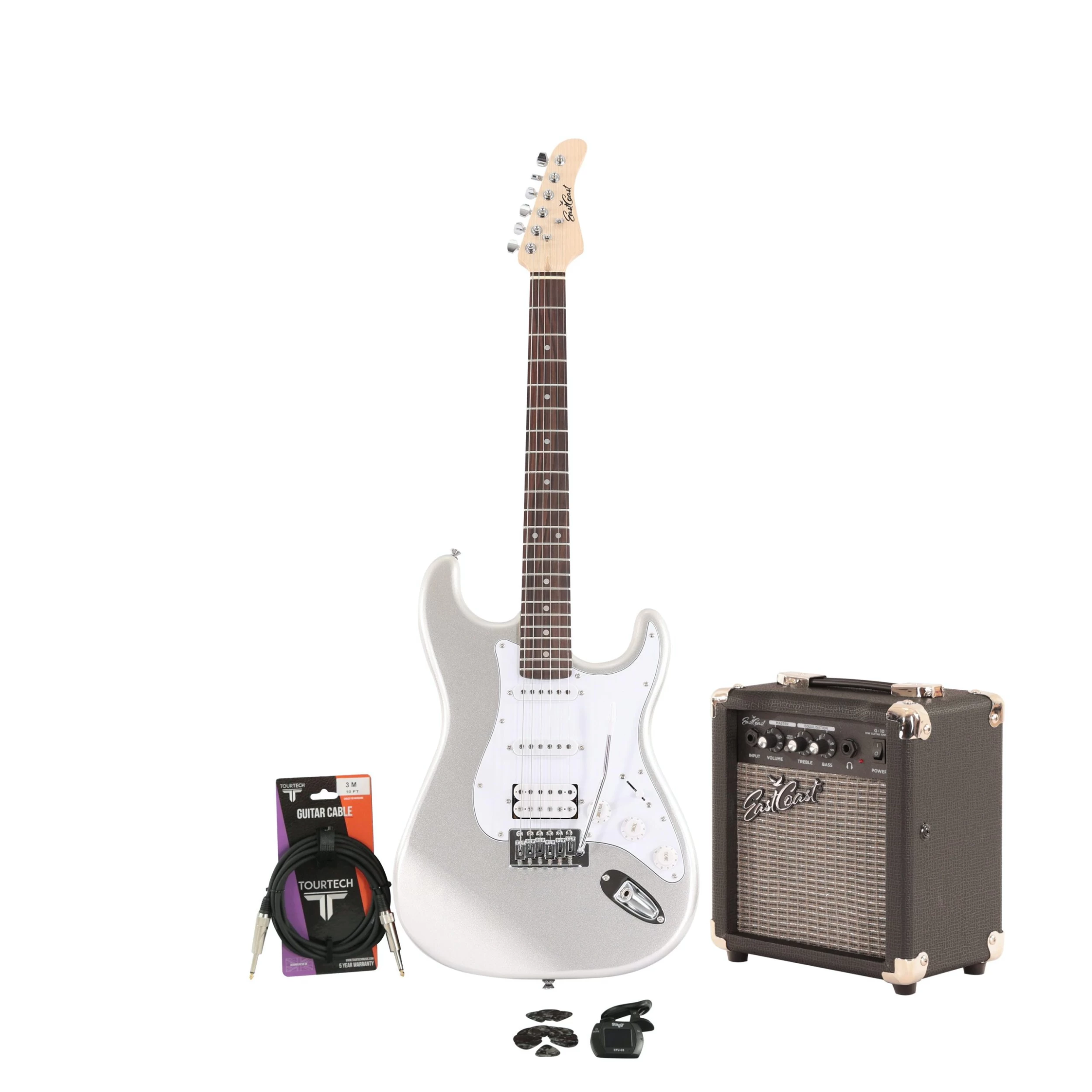 EastCoast ST2 HSS Slick Silver Electric Guitar Starter Pack With 10W Amp & Accessories 1 EastCoast ST2 HSS Slick Silver Electric Guitar Starter Pack With 10W Amp & Accessories