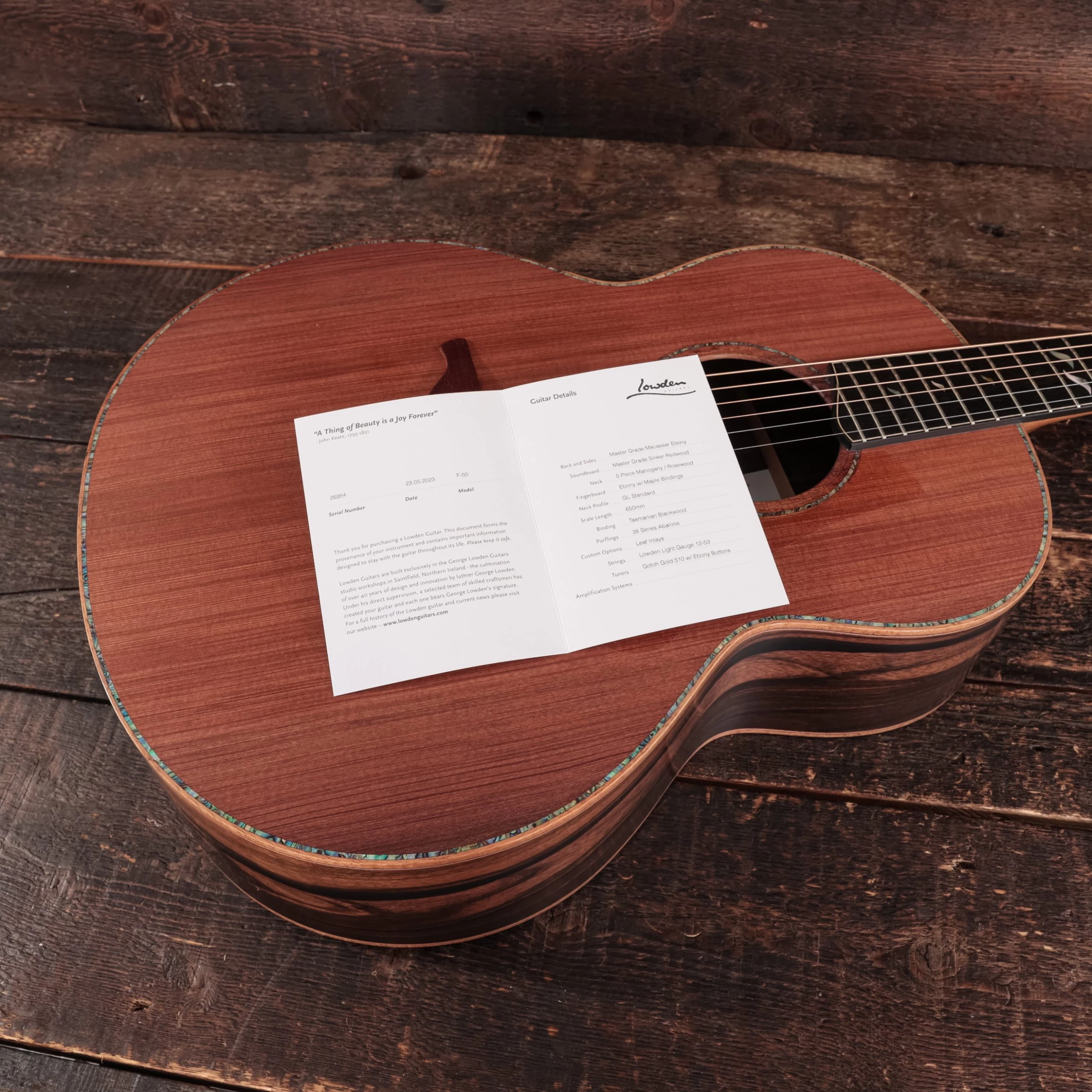 Lowden F-50 Macassar Ebony And Sinker Redwood Bevel Leaf Inlays Acoustic Guitar 8 Lowden F-50 Macassar Ebony And Sinker Redwood Bevel Leaf Inlays Acoustic Guitar - Image 8