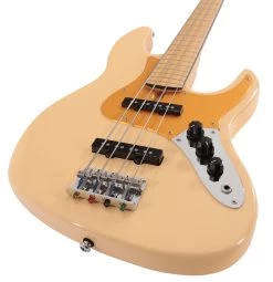 Sire Marcus Miller V5 24 Fret 4-String Fretless Bass Guitar In Vintage White -Professional Guitar Store SIREFL24V54VWH Sire V5 24 Fret 4 String Fretless Bass Vintage White Angle